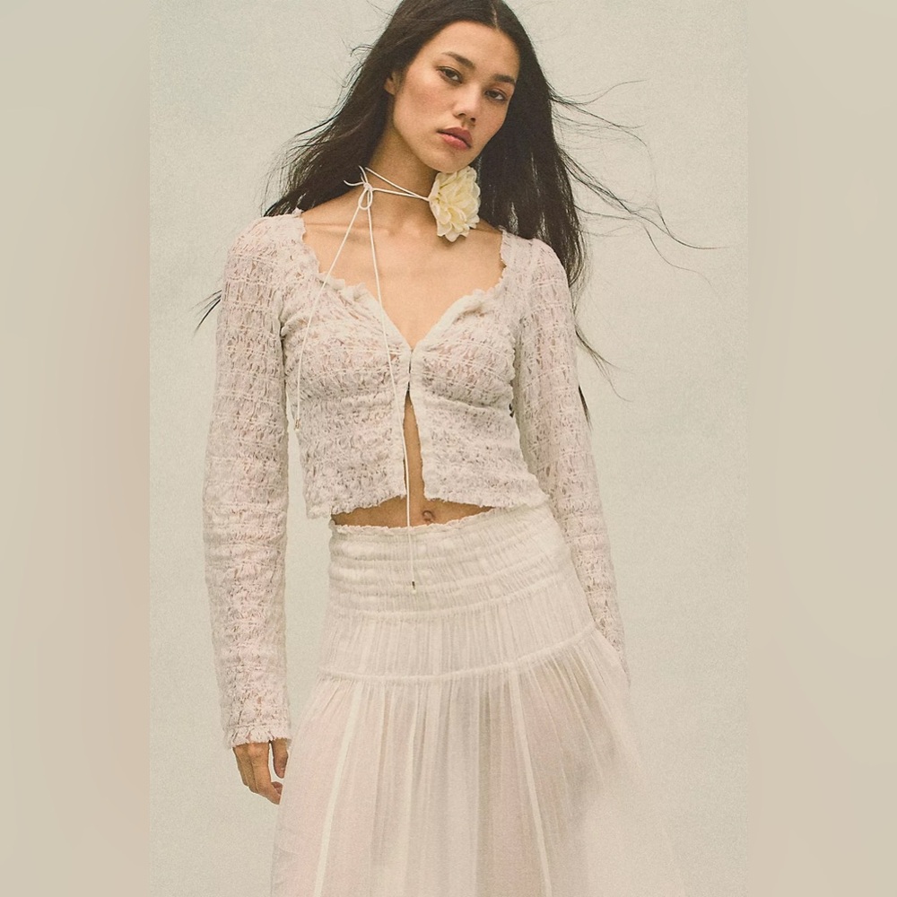 Free People Mint Green Madison Sheer Smocked Lace Top XL - Picture 4 of 9